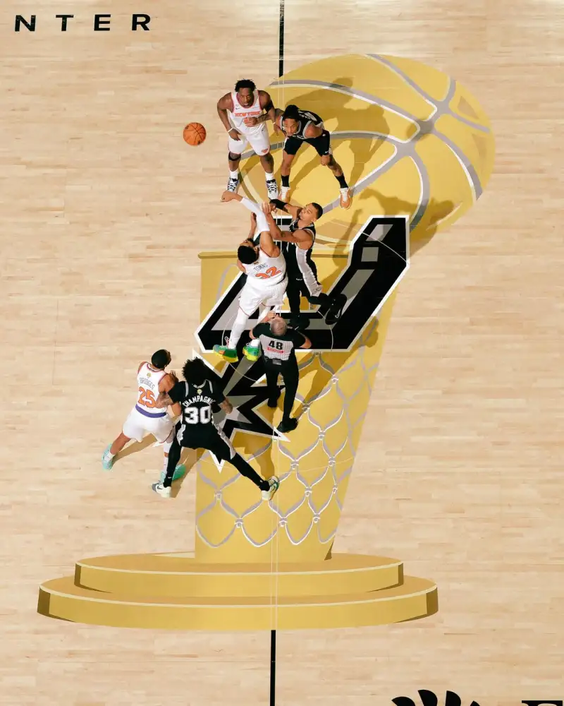 华体会体育-NBA官方晒本场比赛球场中央跳球鸟瞰图：总决赛正在进行中